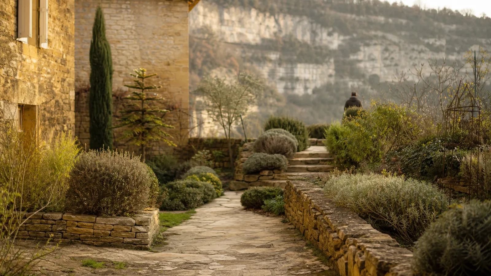 Jardin de bourg avec allée et muret en pierre à Saint-Astier, vallée de l'Isle