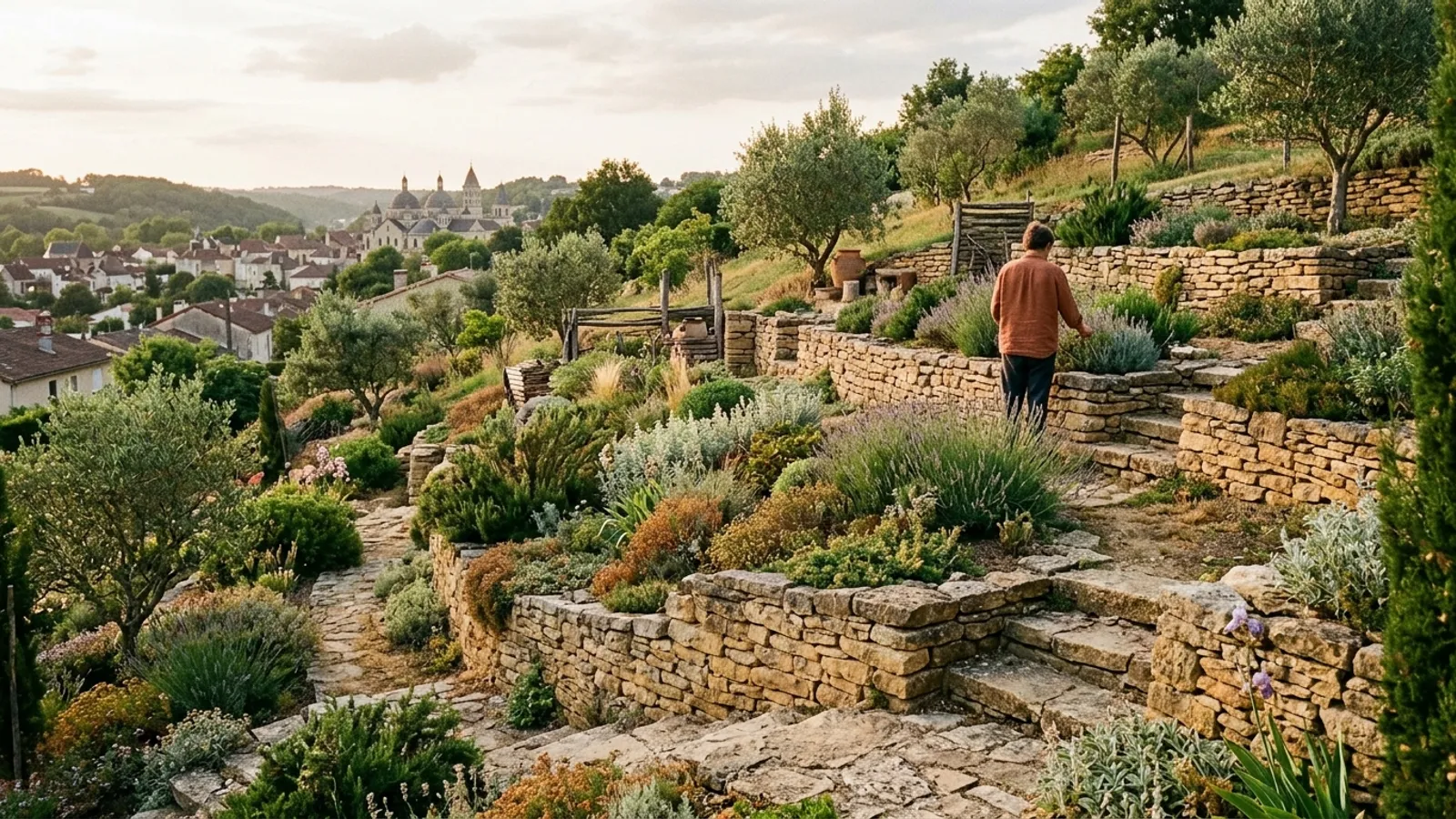 Jardin en pente avec terrasse et soutènement à Trélissac